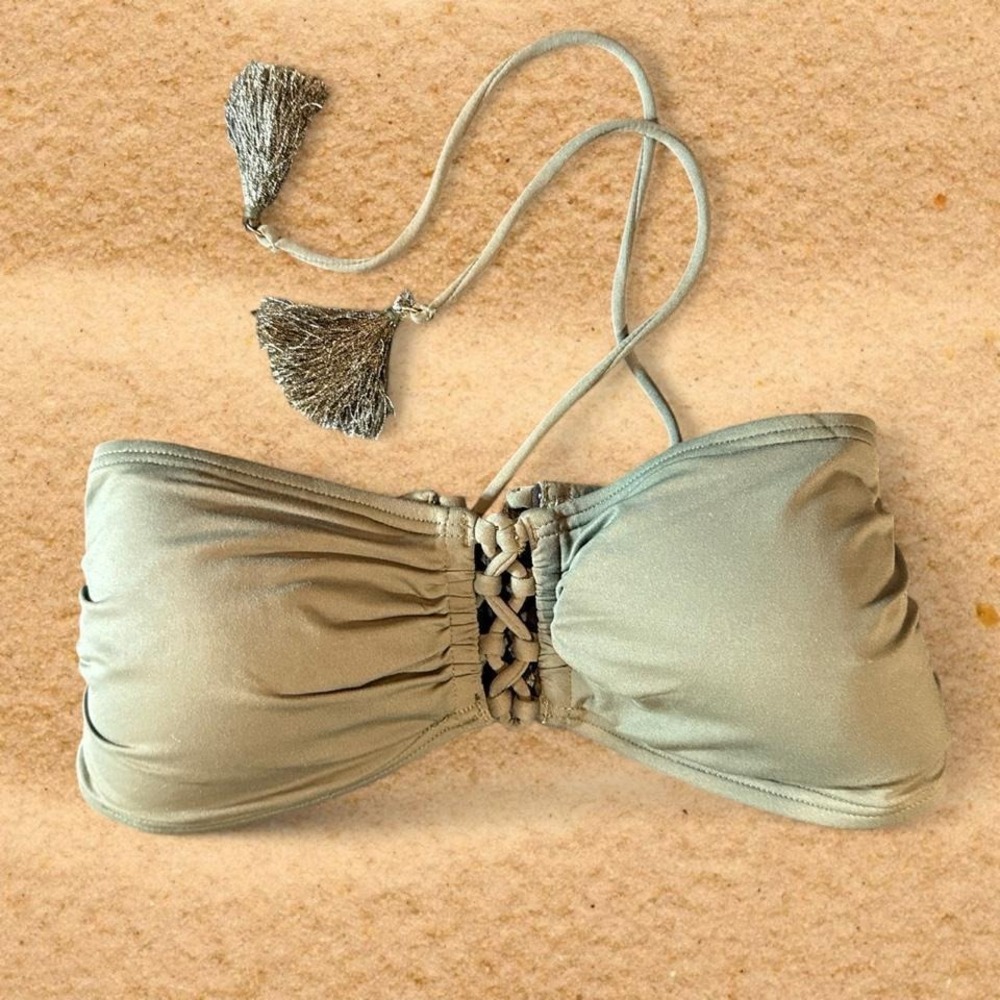 Michael Kors Olive Green Bandeau Bikini Top Lace Up Tassels Small